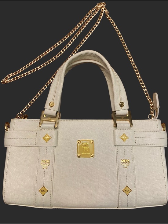 MCM Handbags - Authentic MCM Ivory Leather Boston Tote / Crossbody with Gold Hardware & Chain